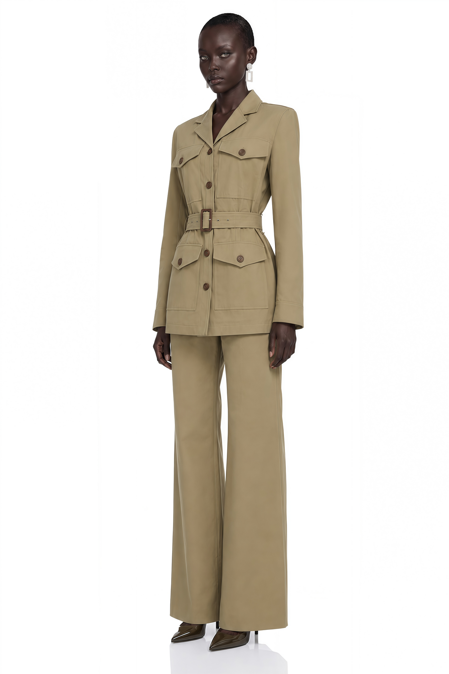 Ylfa Khaki Belted Jacket & Straight Leg Trousers Set