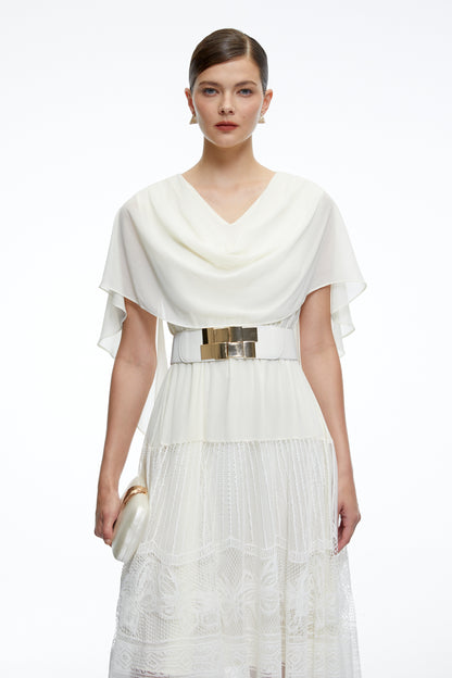 Yolaine White Cowl Neck Midi Dress with Lace Panels