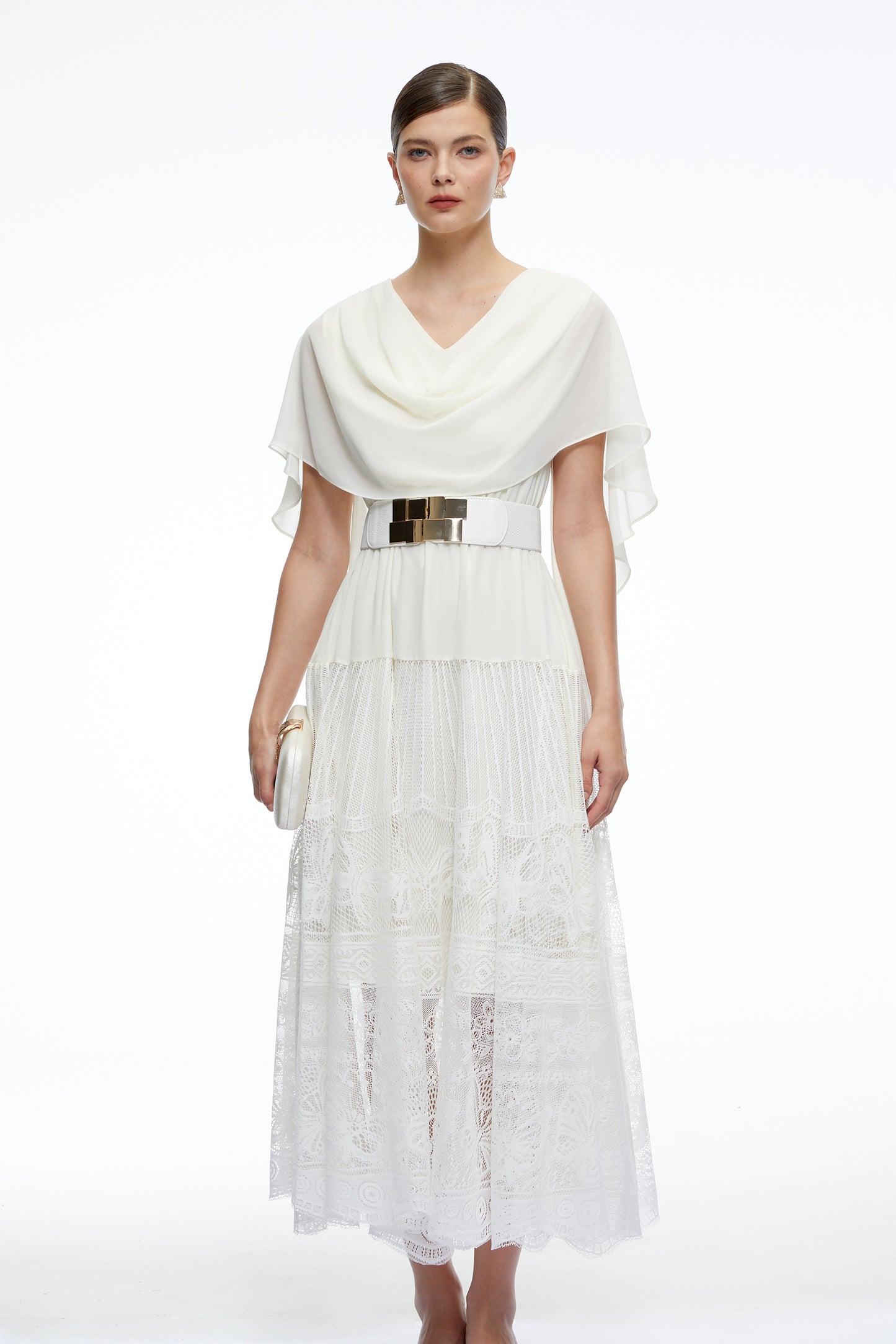 Yolaine White Cowl Neck Midi Dress with Lace Panels