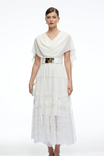 Yolaine White Cowl Neck Midi Dress with Lace Panels