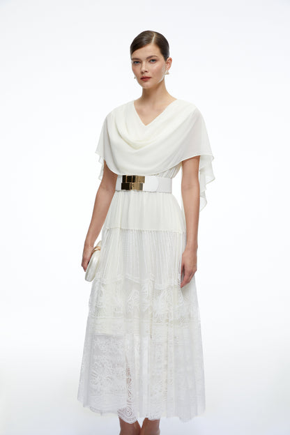 Yolaine White Cowl Neck Midi Dress with Lace Panels