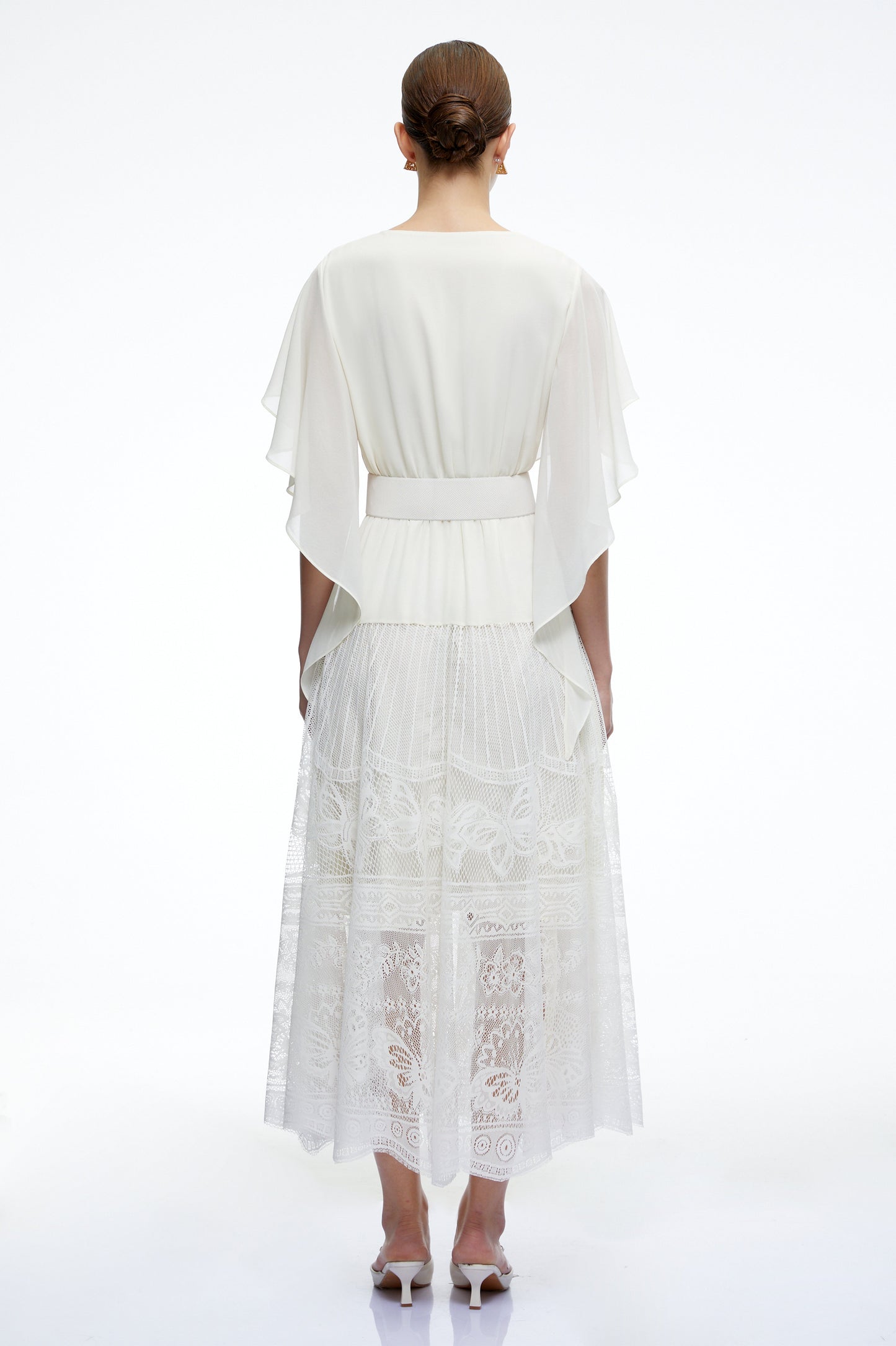 Yolaine White Cowl Neck Midi Dress with Lace Panels