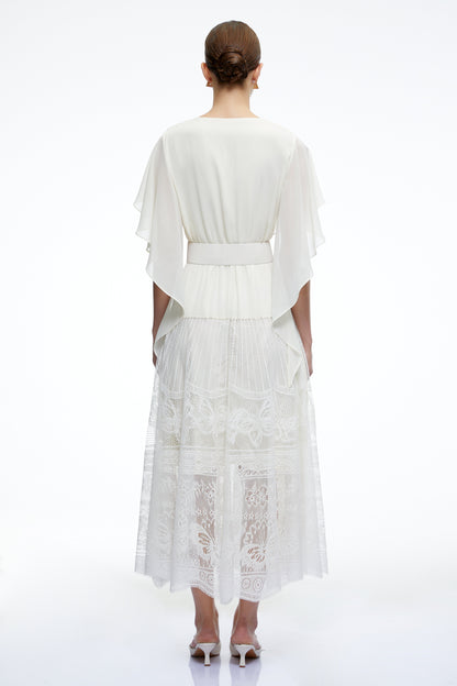 Yolaine White Cowl Neck Midi Dress with Lace Panels
