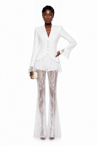 Yolanda White Lace Trim Blazer & Sheer Lace Trouser Set