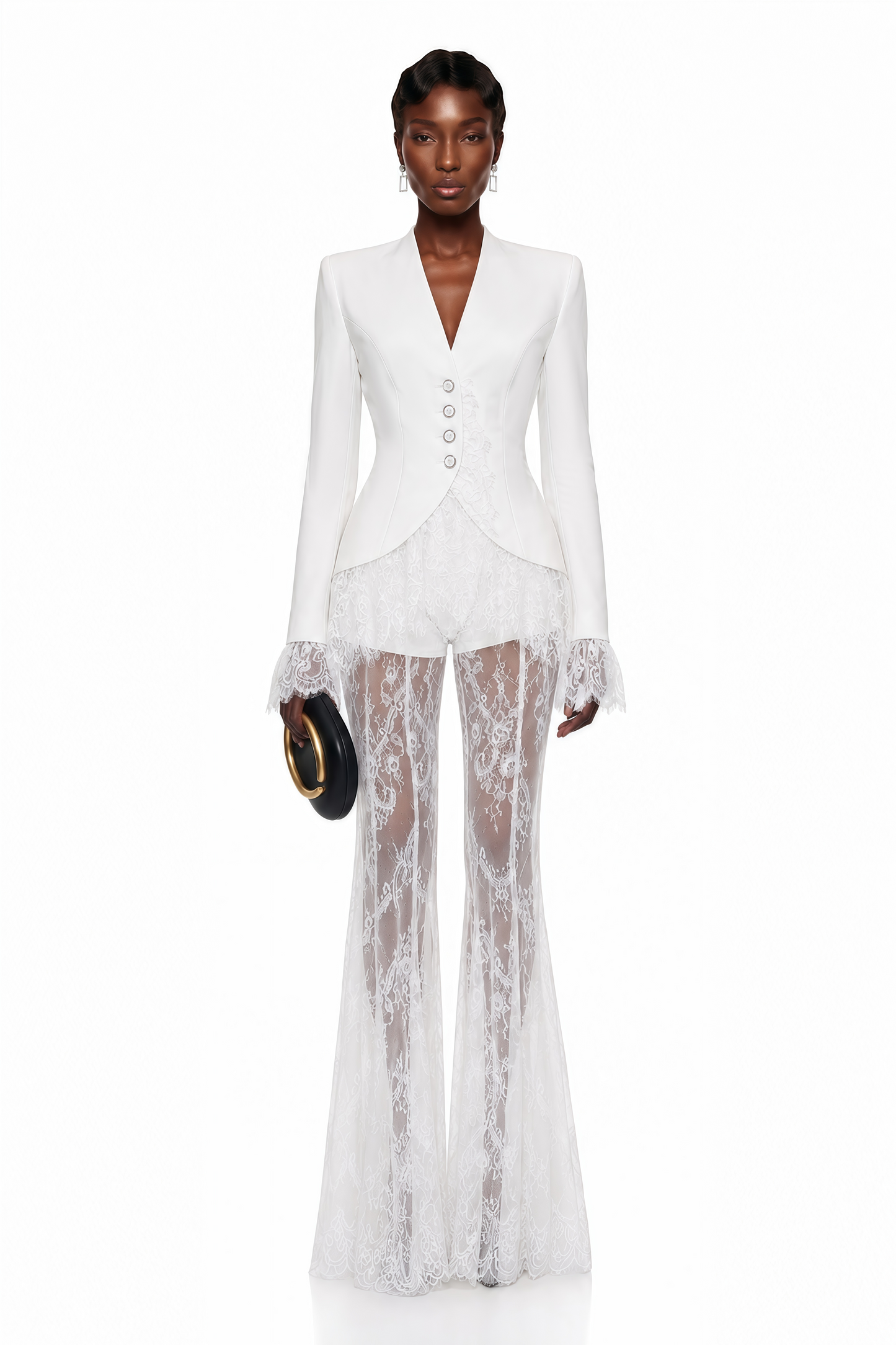 Yolanda White Lace Trim Blazer & Sheer Lace Trouser Set