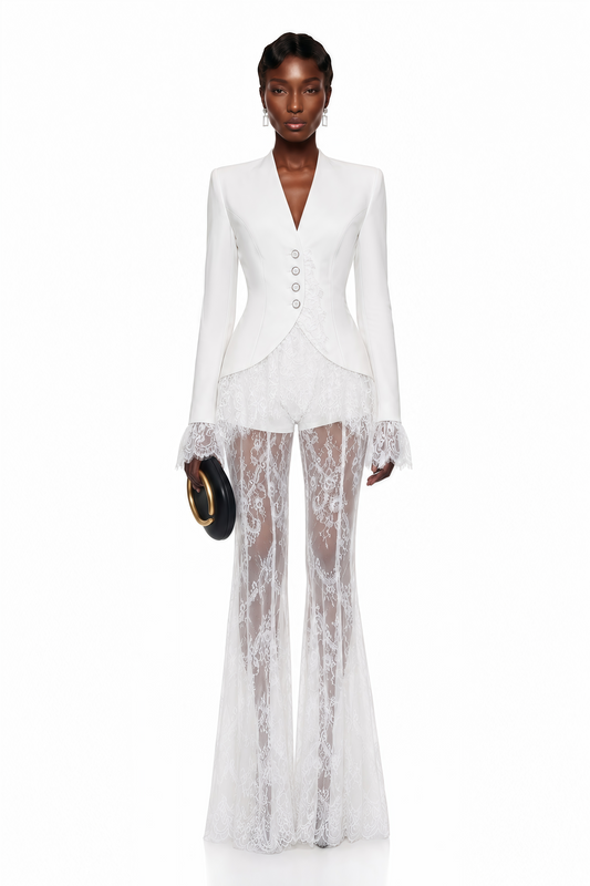 Yolanda White Lace Trim Blazer & Sheer Lace Trouser Set