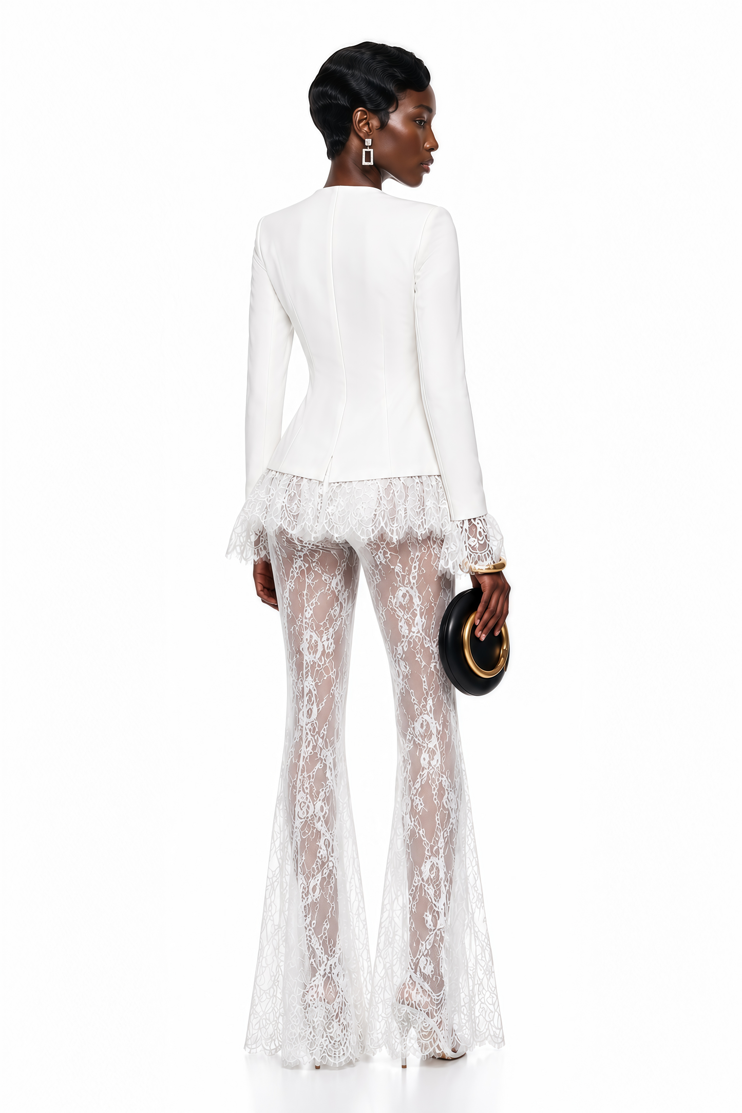 Yolanda White Lace Trim Blazer & Sheer Lace Trouser Set