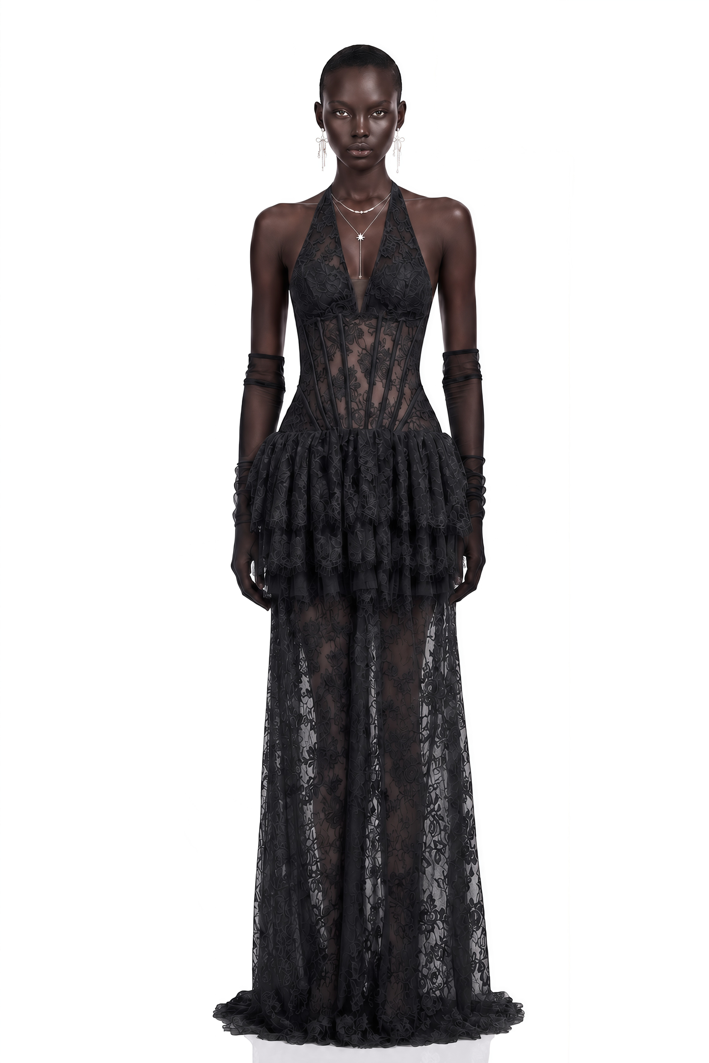 Yoliswa Black Floral Appliqué Tiered Maxi Dress
