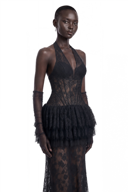 Yoliswa Black Floral Appliqué Tiered Maxi Dress