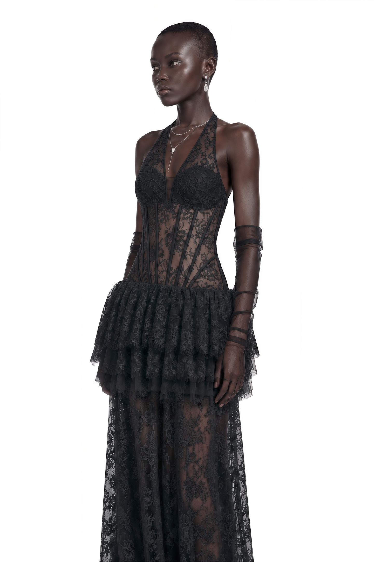 Yoliswa Black Floral Appliqué Tiered Maxi Dress
