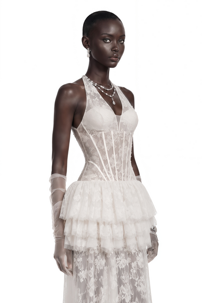 Yoliswa White Floral Appliqué Tiered Maxi Dress