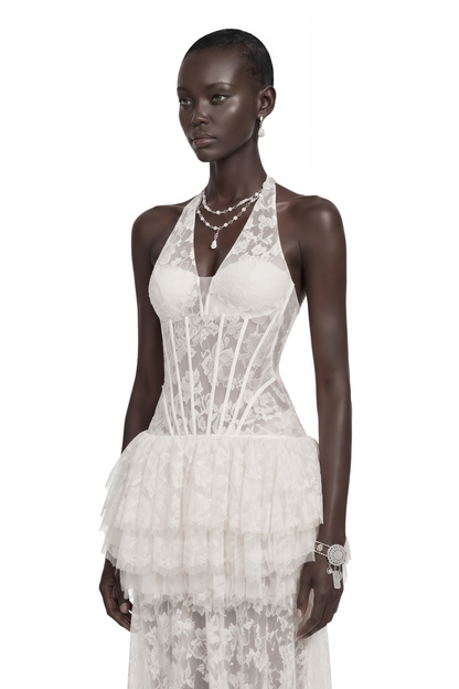 Yoliswa White Floral Appliqué Tiered Maxi Dress
