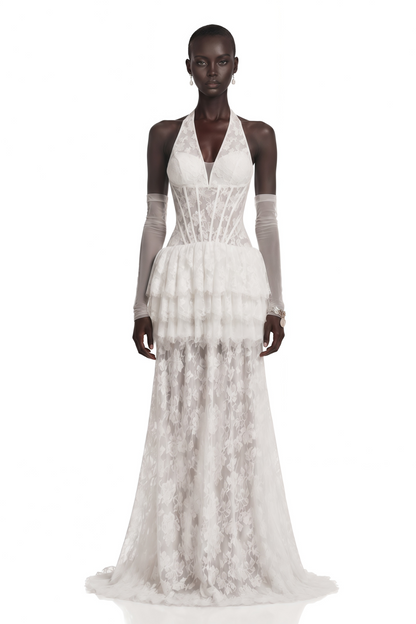 Yoliswa White Floral Appliqué Tiered Maxi Dress
