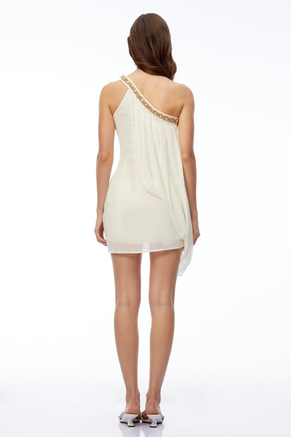 Ysabel Ivory Ruched Asymmetrical Mini Dress