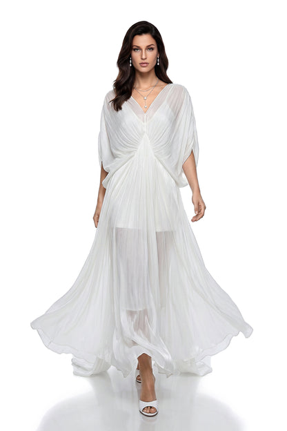 Yseult White Backless Tulle Ruched Maxi Dress