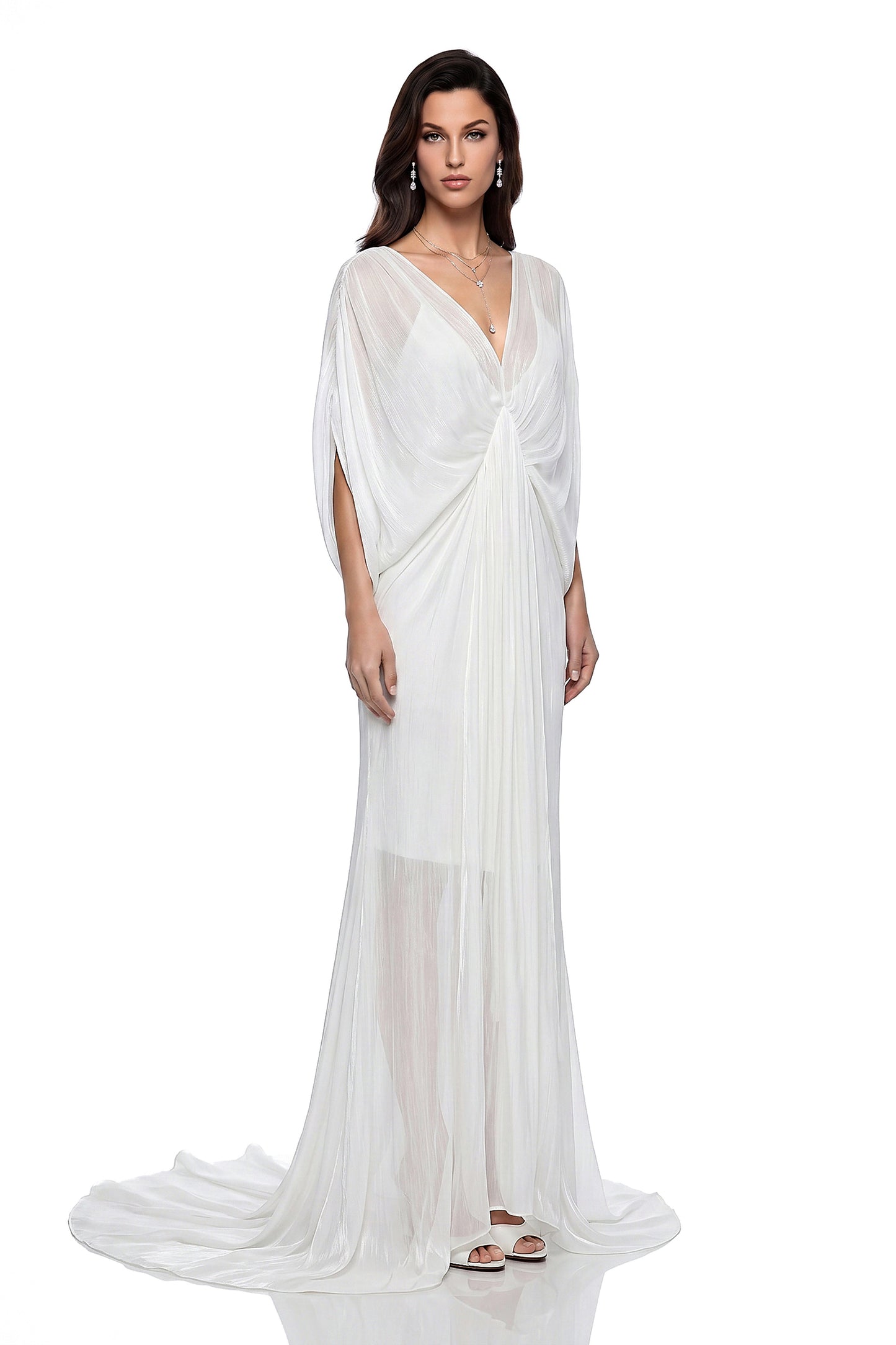 Yseult White Backless Tulle Ruched Maxi Dress