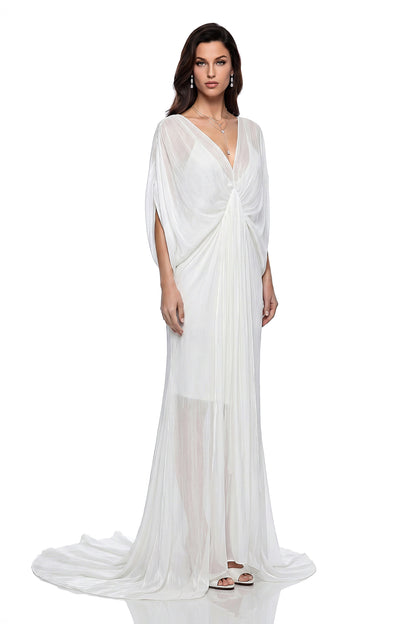 Yseult White Backless Tulle Ruched Maxi Dress
