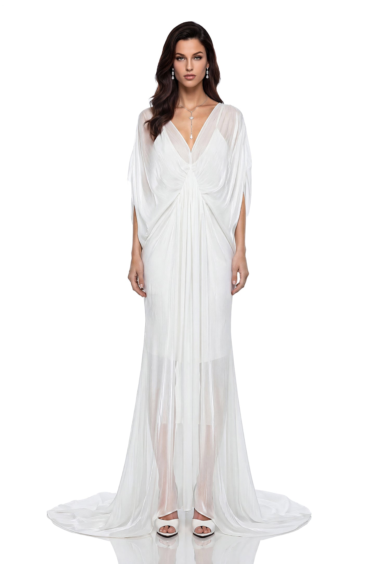 Yseult White Backless Tulle Ruched Maxi Dress