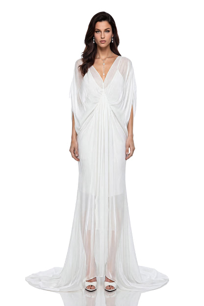 Yseult White Backless Tulle Ruched Maxi Dress