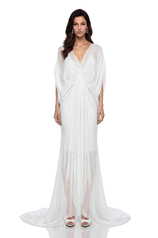 Yseult White Backless Tulle Ruched Maxi Dress