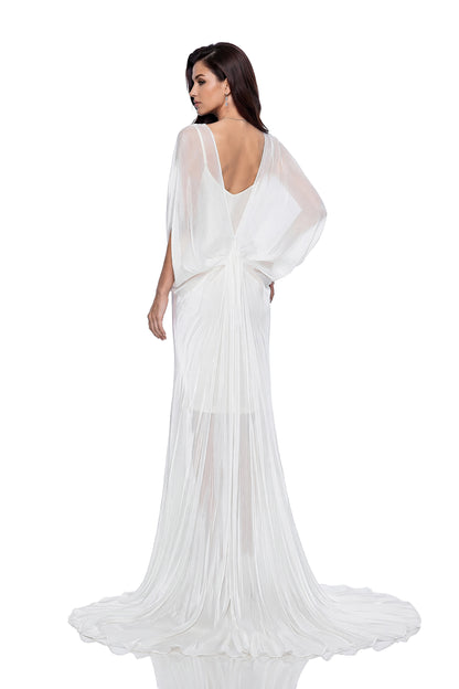 Yseult White Backless Tulle Ruched Maxi Dress