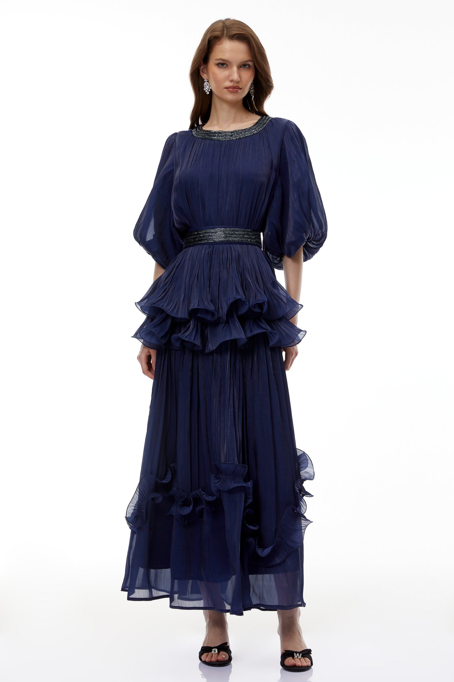 Yustyna Blue Embellished Pleated Maxi Dress