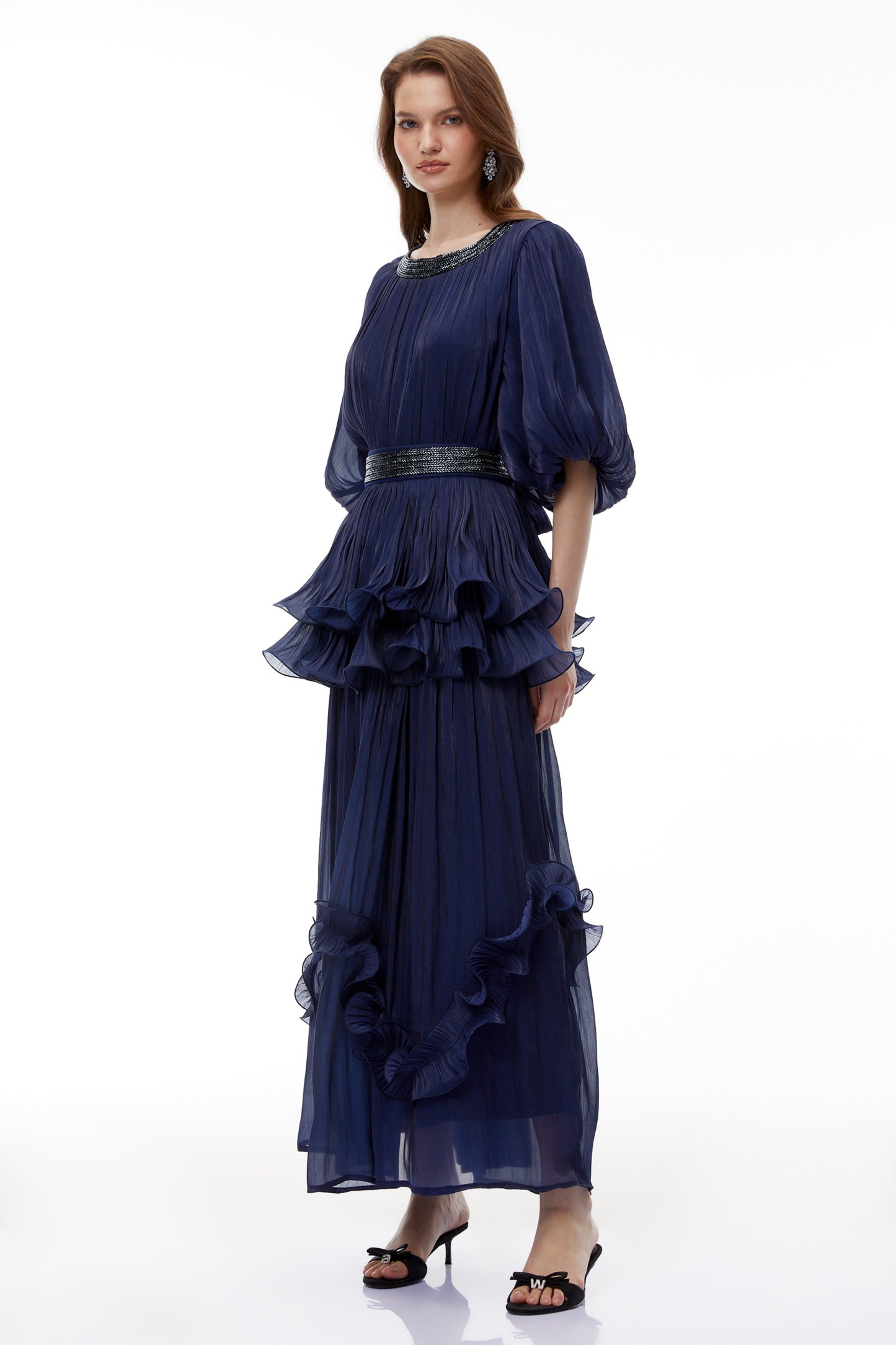 Yustyna Blue Embellished Pleated Maxi Dress