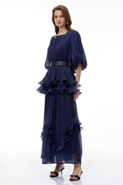 Yustyna Blue Embellished Pleated Maxi Dress