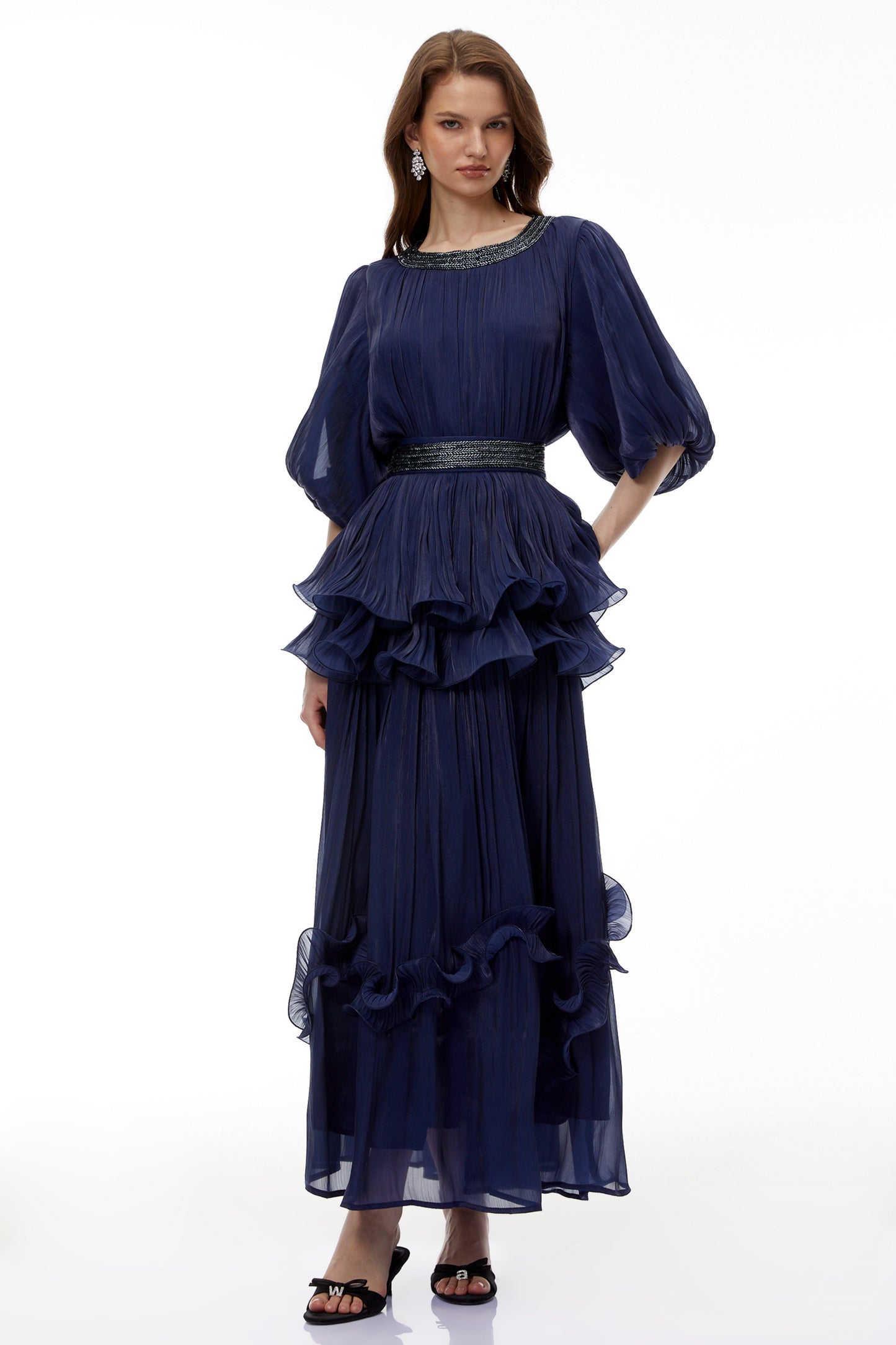 Yustyna Blue Embellished Pleated Maxi Dress