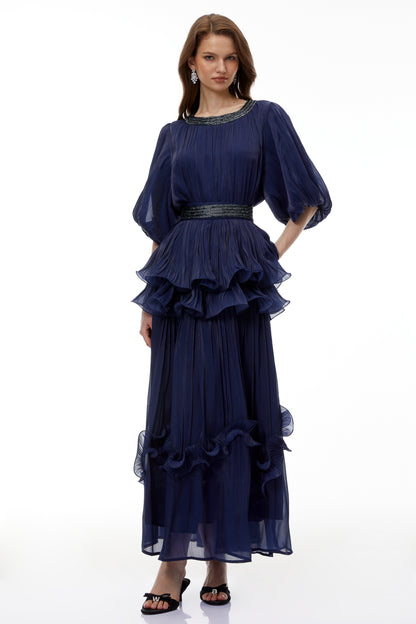 Yustyna Blue Embellished Pleated Maxi Dress