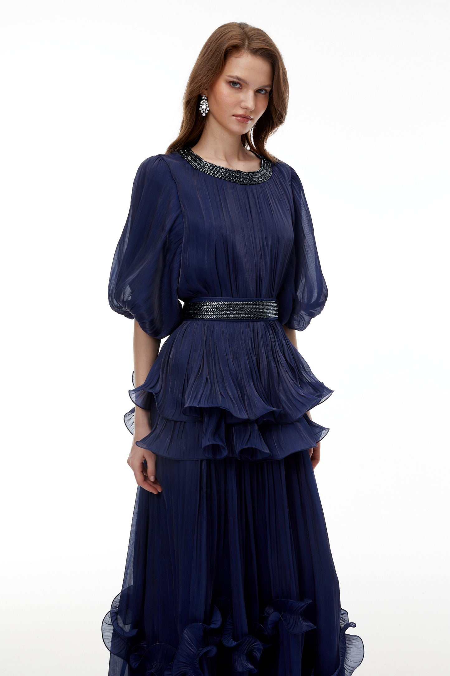 Yustyna Blue Embellished Pleated Maxi Dress