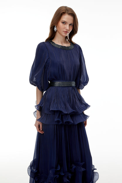 Yustyna Blue Embellished Pleated Maxi Dress