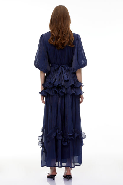 Yustyna Blue Embellished Pleated Maxi Dress