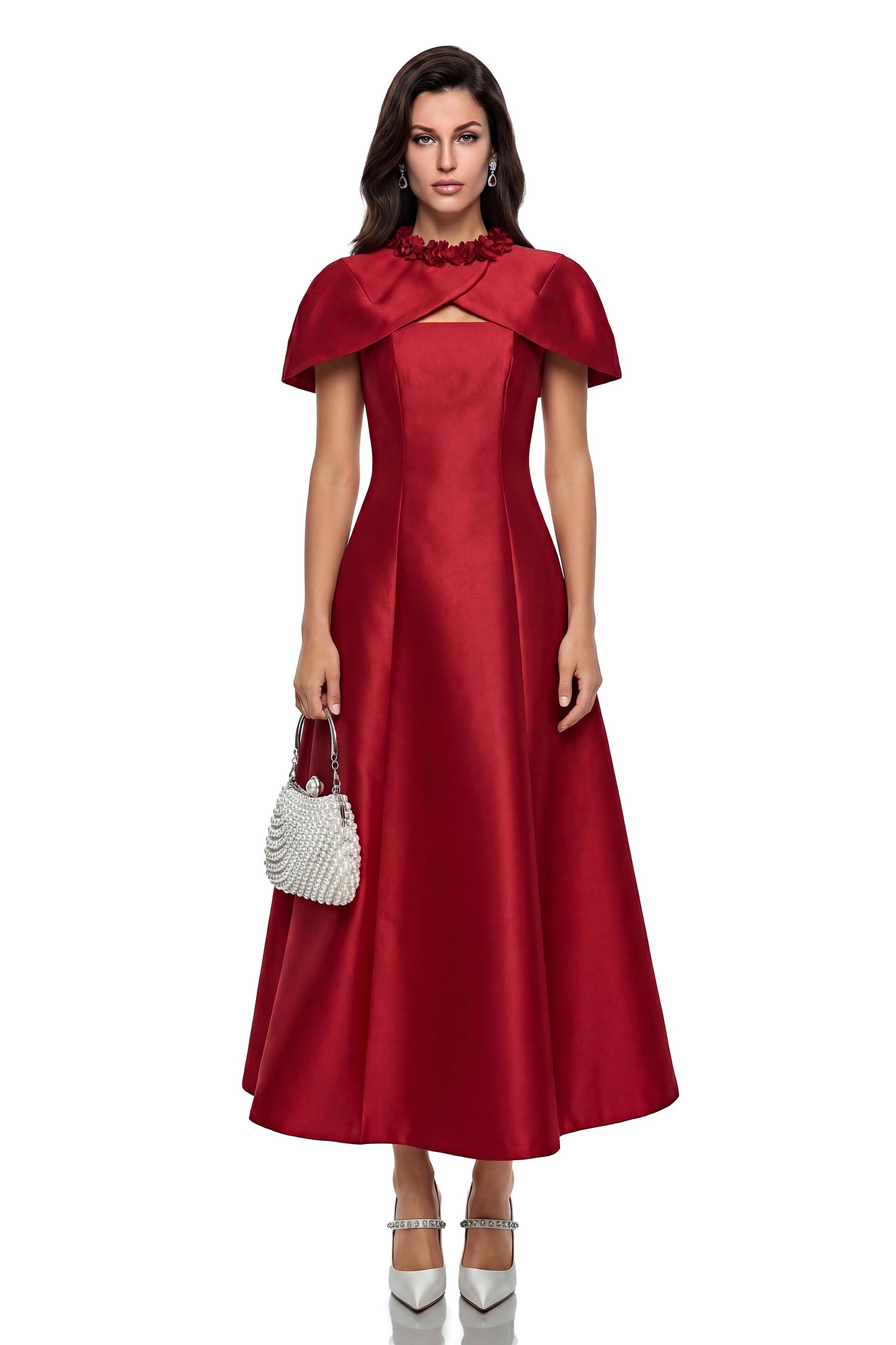 Yustyna Red Cape Midi Dress with 3D Petals