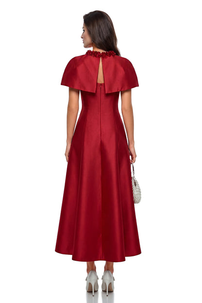 Yustyna Red Cape Midi Dress with 3D Petals