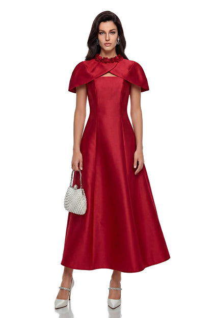 Yustyna Red Cape Midi Dress with 3D Petals