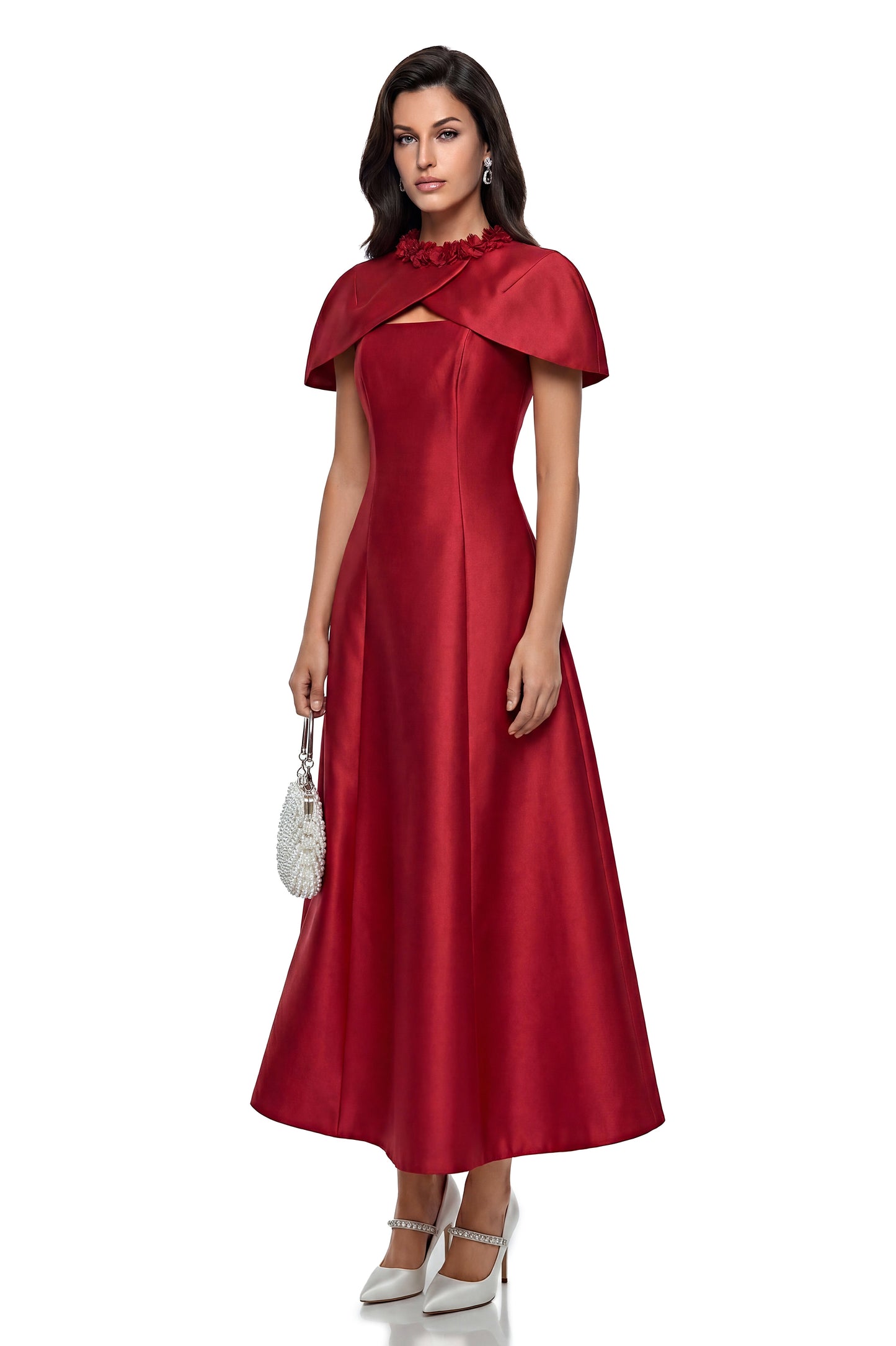 Yustyna Red Cape Midi Dress with 3D Petals