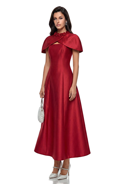 Yustyna Red Cape Midi Dress with 3D Petals