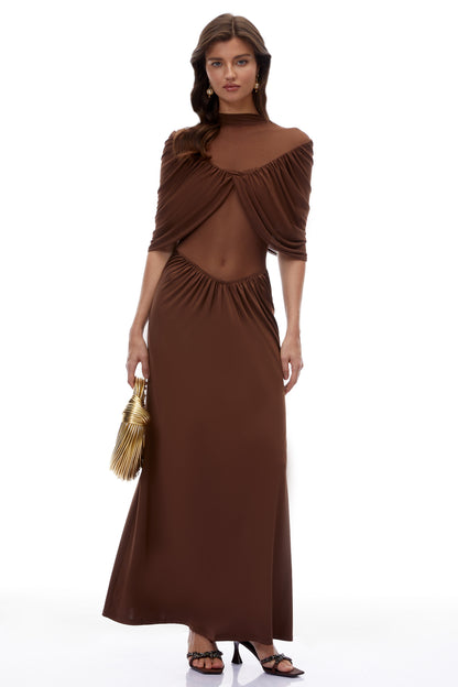 Yvette Chocolate Brown Ruched Maxi Dress with Cape Sleeves