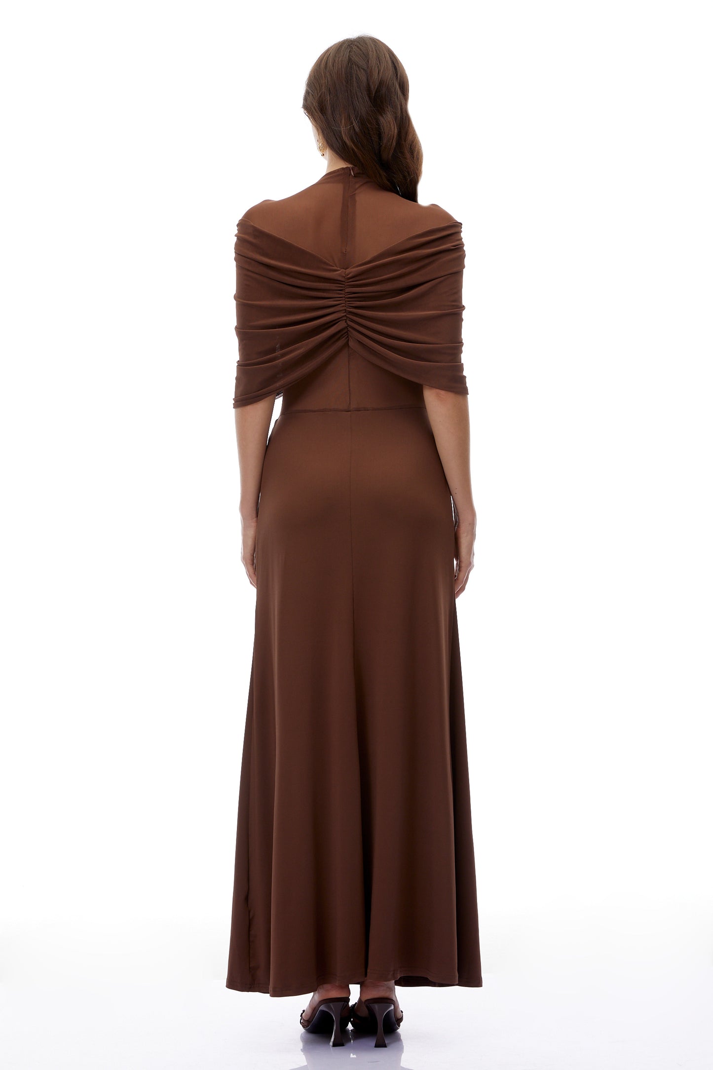 Yvette Chocolate Brown Ruched Maxi Dress with Cape Sleeves