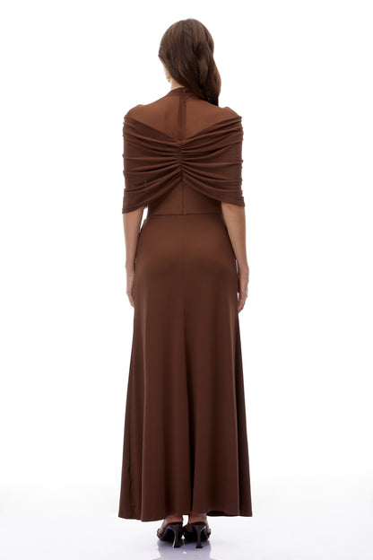 Yvette Chocolate Brown Ruched Maxi Dress with Cape Sleeves