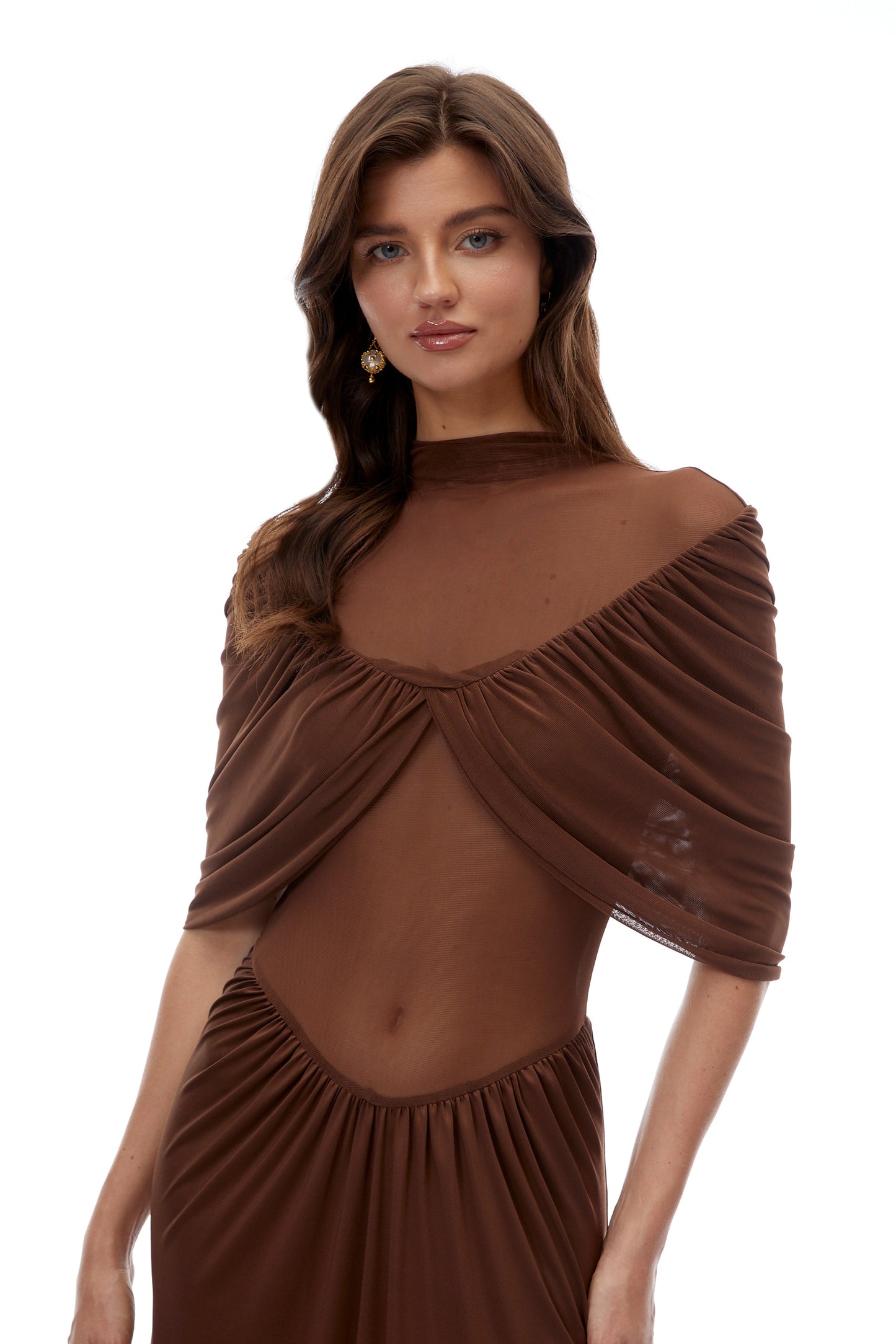 Yvette Chocolate Brown Ruched Maxi Dress with Cape Sleeves