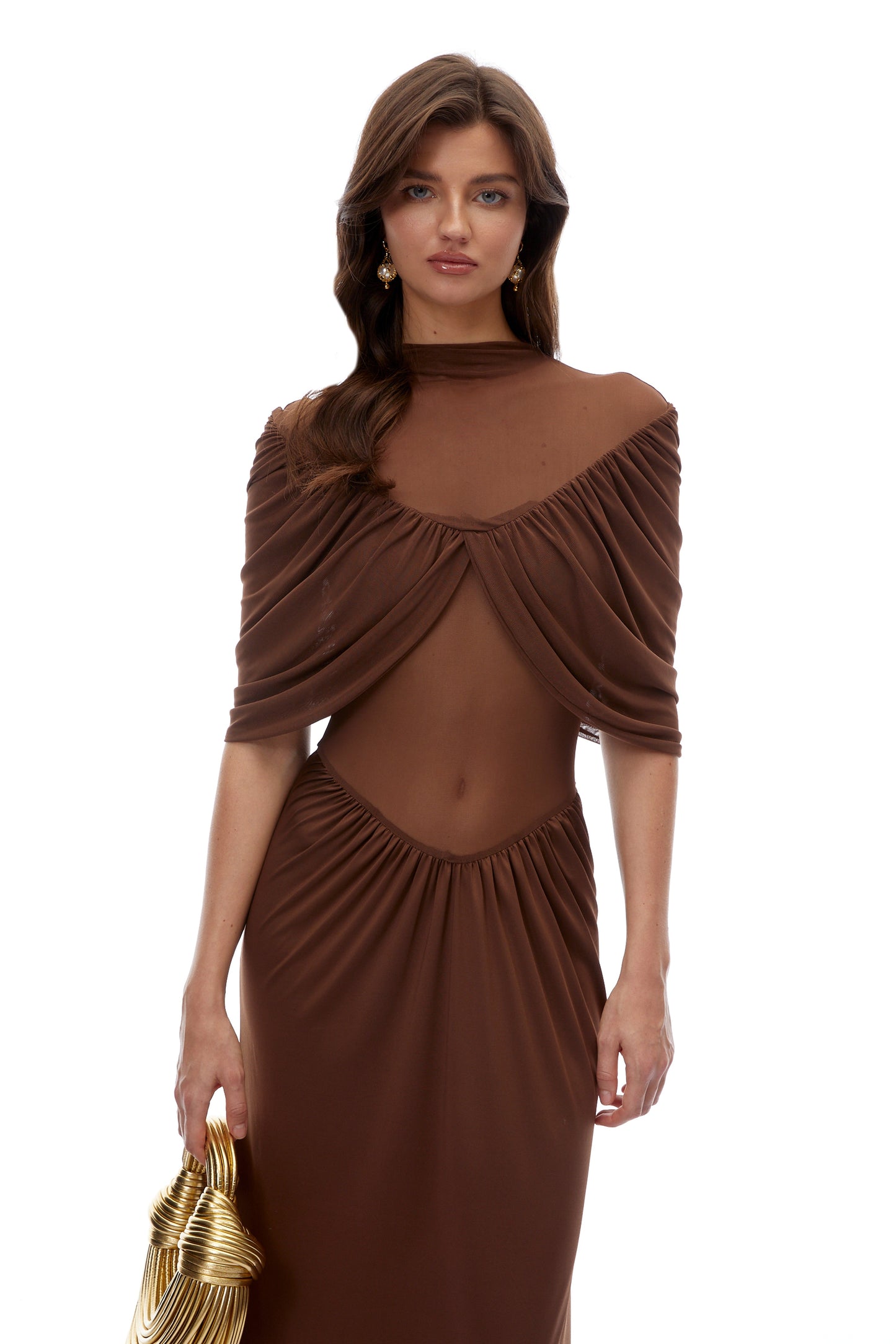 Yvette Chocolate Brown Ruched Maxi Dress with Cape Sleeves