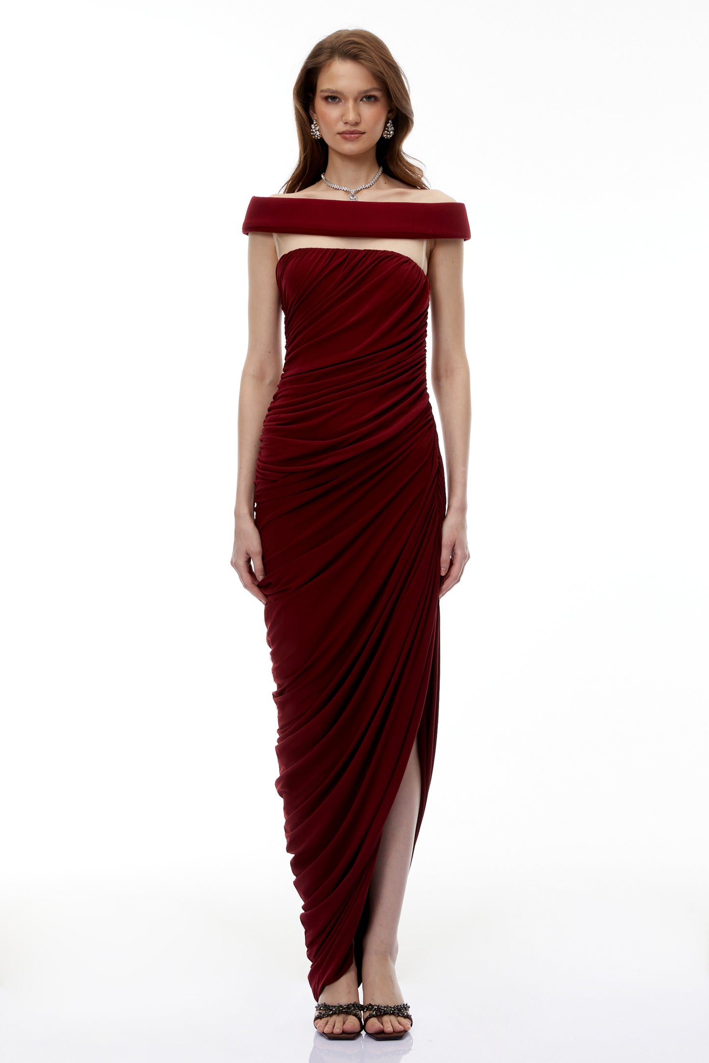 Zakiya Red Off Shoulder Ruched Maxi Dress