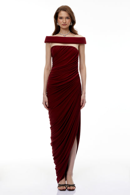 Zakiya Red Off Shoulder Ruched Maxi Dress