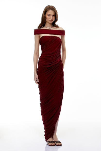 Zakiya Red Off Shoulder Ruched Maxi Dress