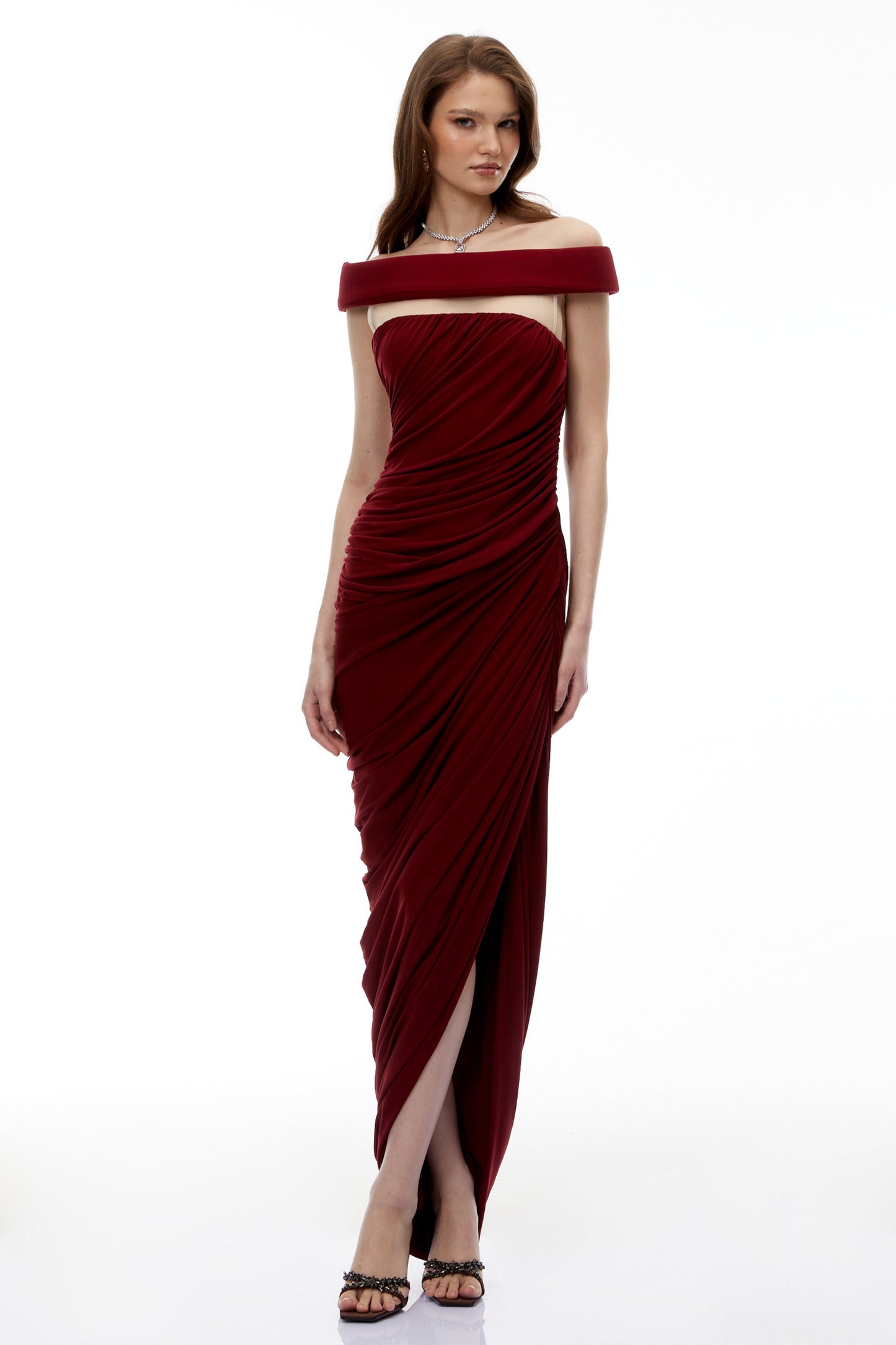 Zakiya Red Off Shoulder Ruched Maxi Dress