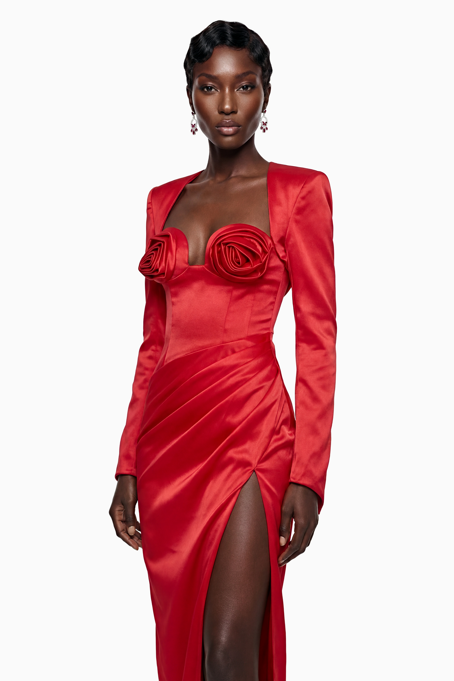Zanele Red Ruched Maxi Dress with 3D Petals