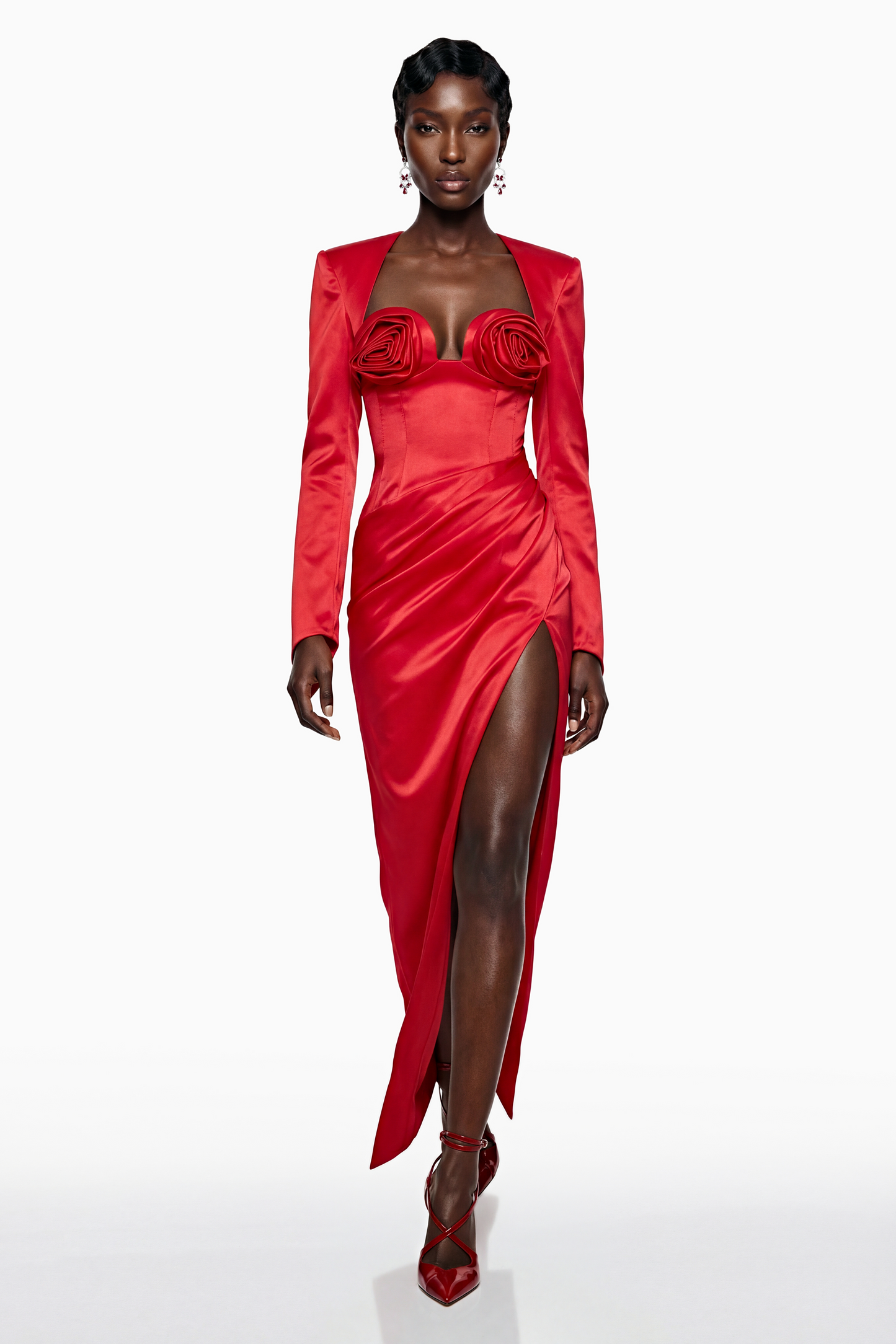 Zanele Red Ruched Maxi Dress with 3D Petals