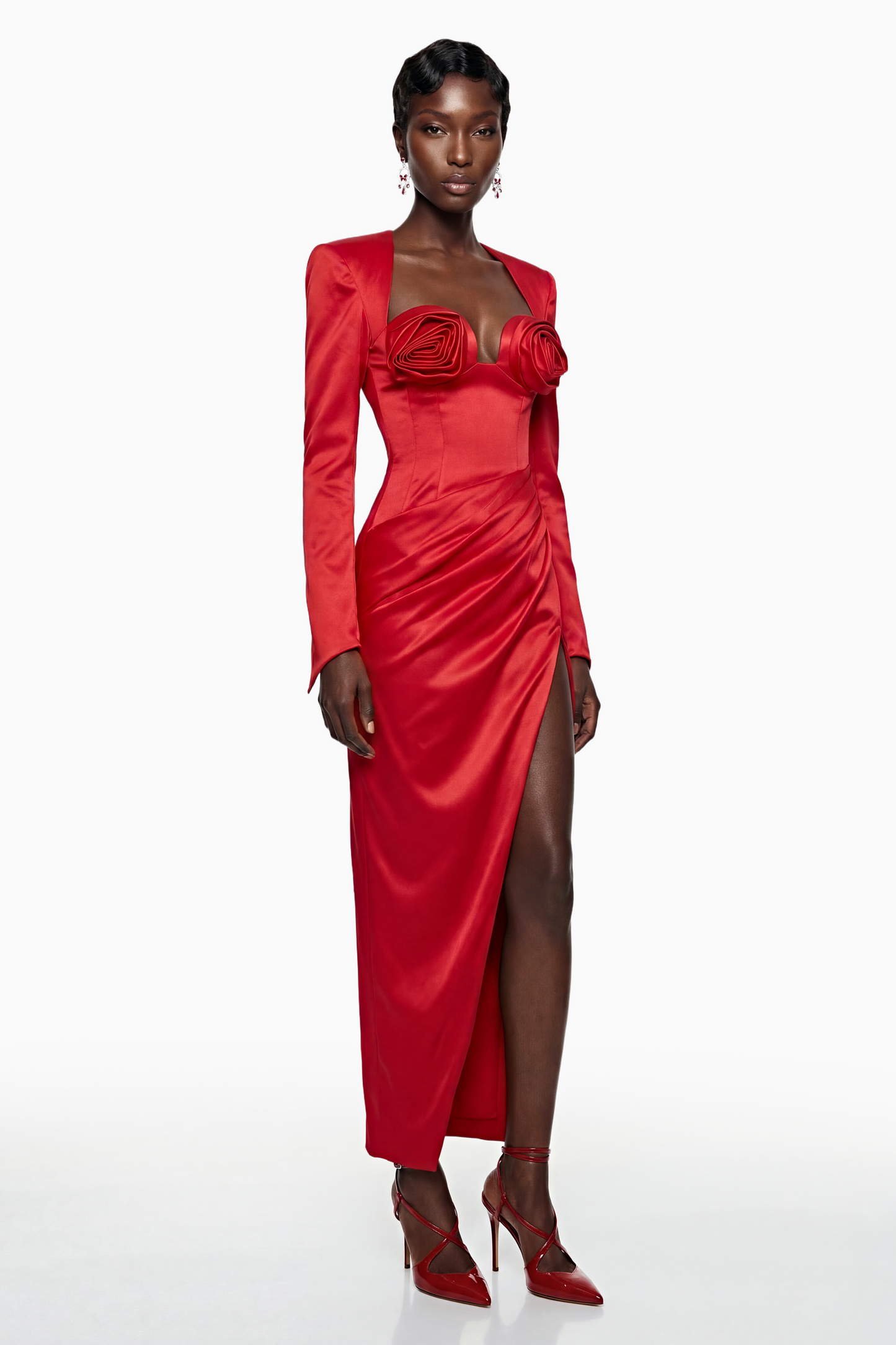 Zanele Red Ruched Maxi Dress with 3D Petals